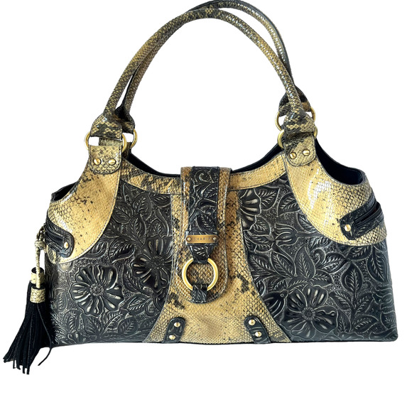 Sharif Handbags - Sharif Studio Shoulder Handbag Purse Black Large Embossed Leather Tassels